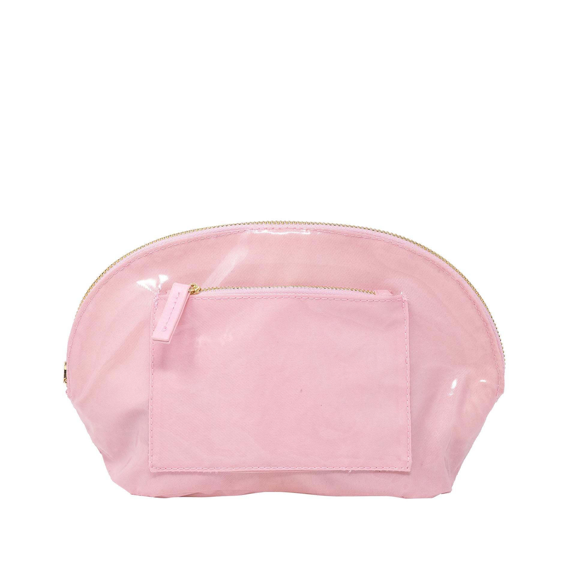 Pink cosmetic bag with a gold zipper on a white background