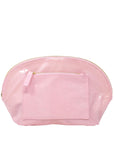 Pink cosmetic bag with a gold zipper on a white background