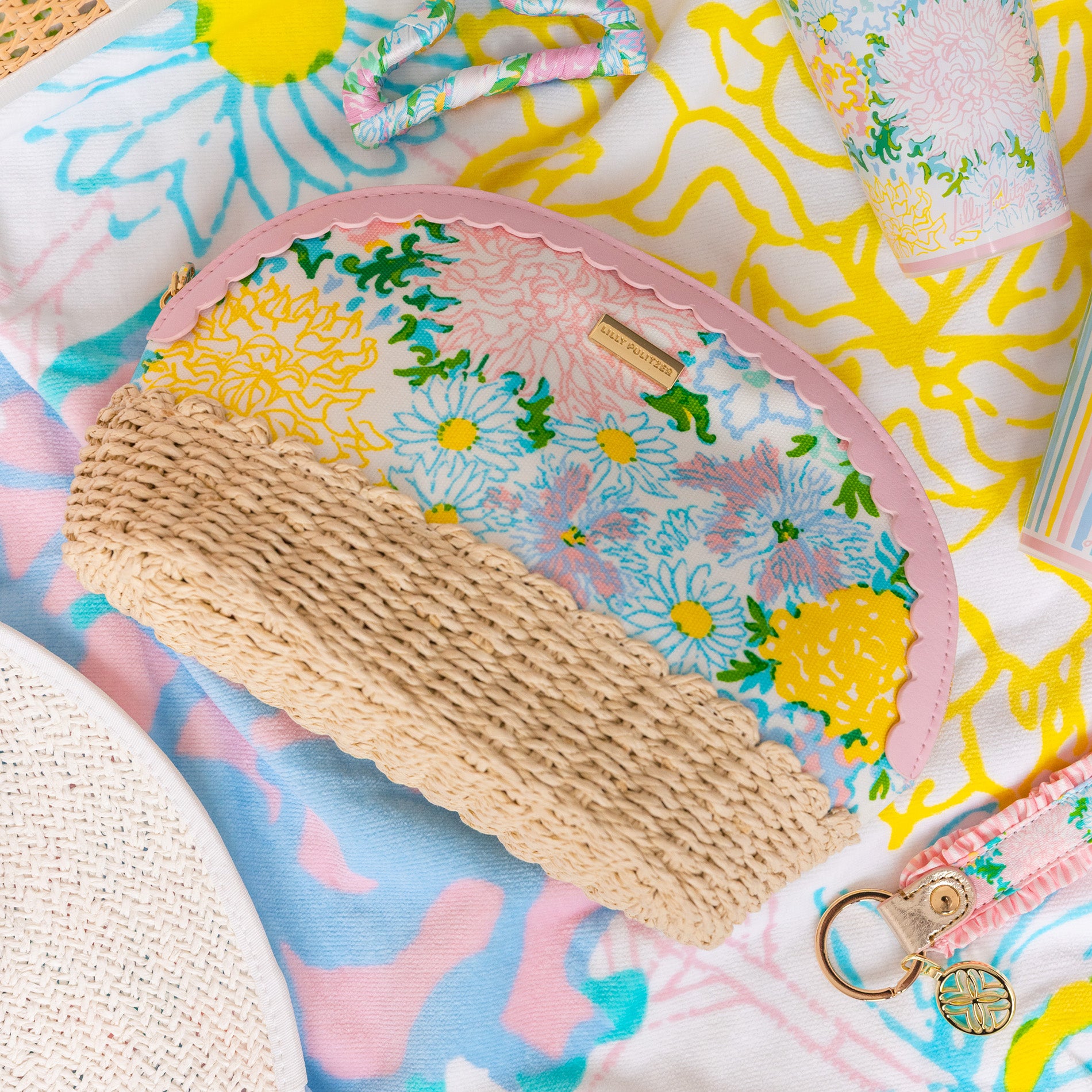 Floral-patterned pouch with a wicker base on a colorful background