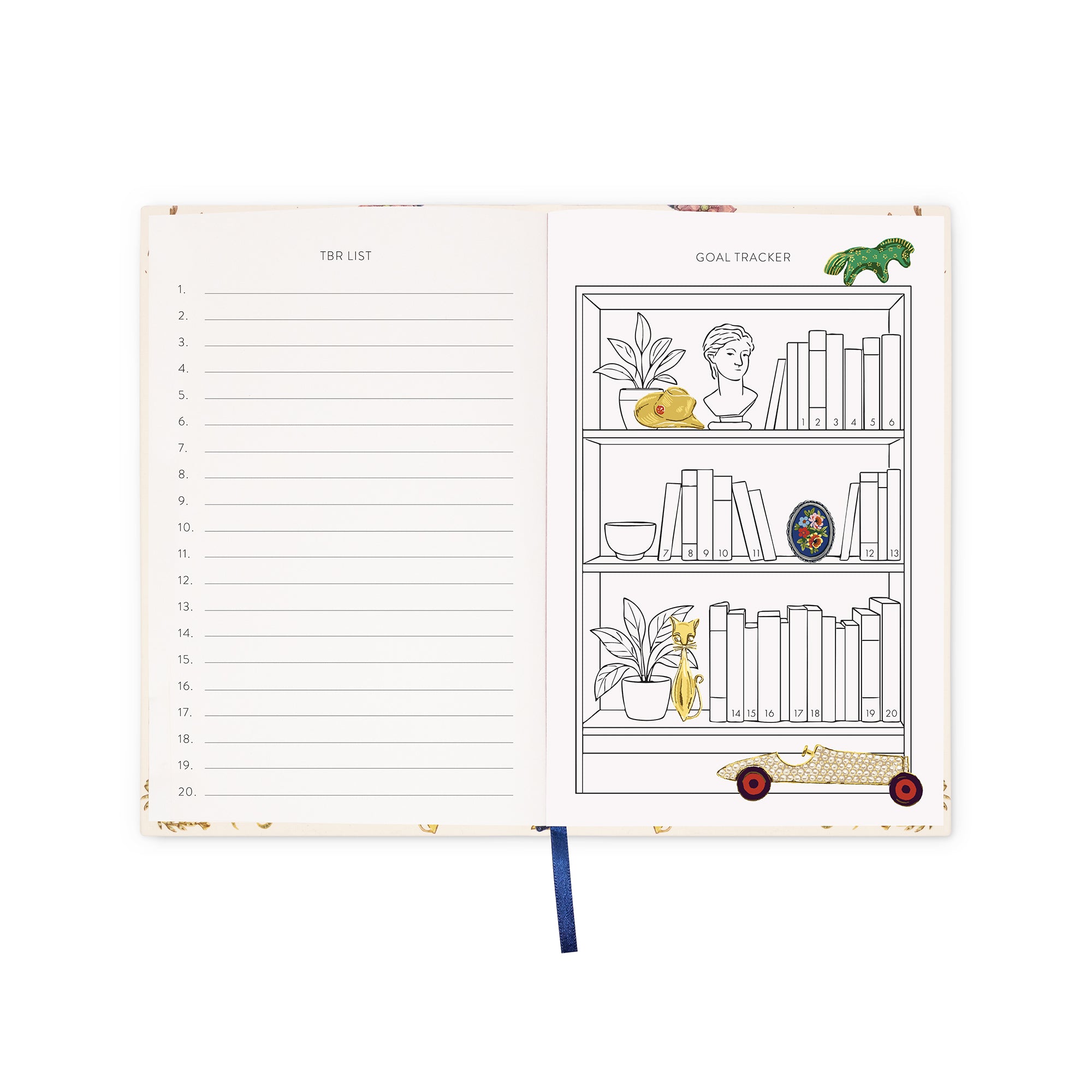 An open hardcover journal showing two illustrated interior pages: a lined 'TBR List' page on the left and a 'Goal Tracker' page on the right with black-and-white bookshelf drawings and small colored accents. A blue ribbon bookmark hangs from the bottom center.