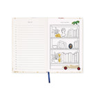 An open hardcover journal showing two illustrated interior pages: a lined 'TBR List' page on the left and a 'Goal Tracker' page on the right with black-and-white bookshelf drawings and small colored accents. A blue ribbon bookmark hangs from the bottom center.