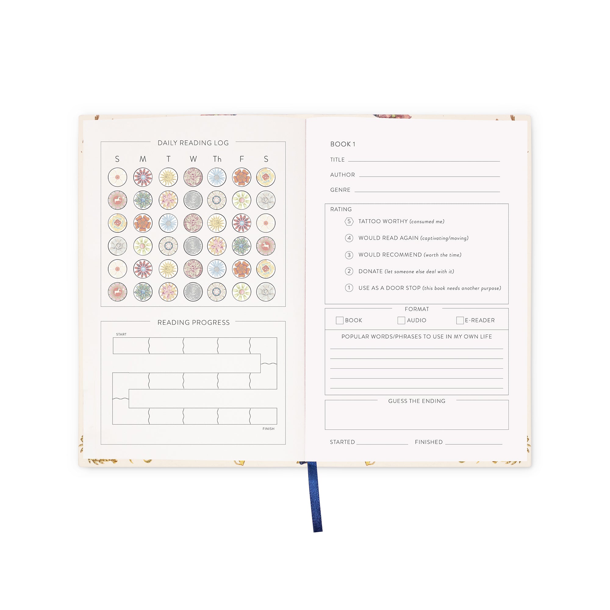 An open daily reading log notebook with printed fields for title, author, genre, reading status, progress bars, and a decorative circle chart, shown on a white background with a blue ribbon bookmark.