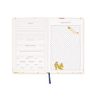 An open notebook or journal with two interior pages shown against a white background. The left page has lined writing sections labeled Summary, Favorite Quote, Favorite Character, Favorite Moment, and a mood grid with options like joy, sorrow, anger, love, and pride.