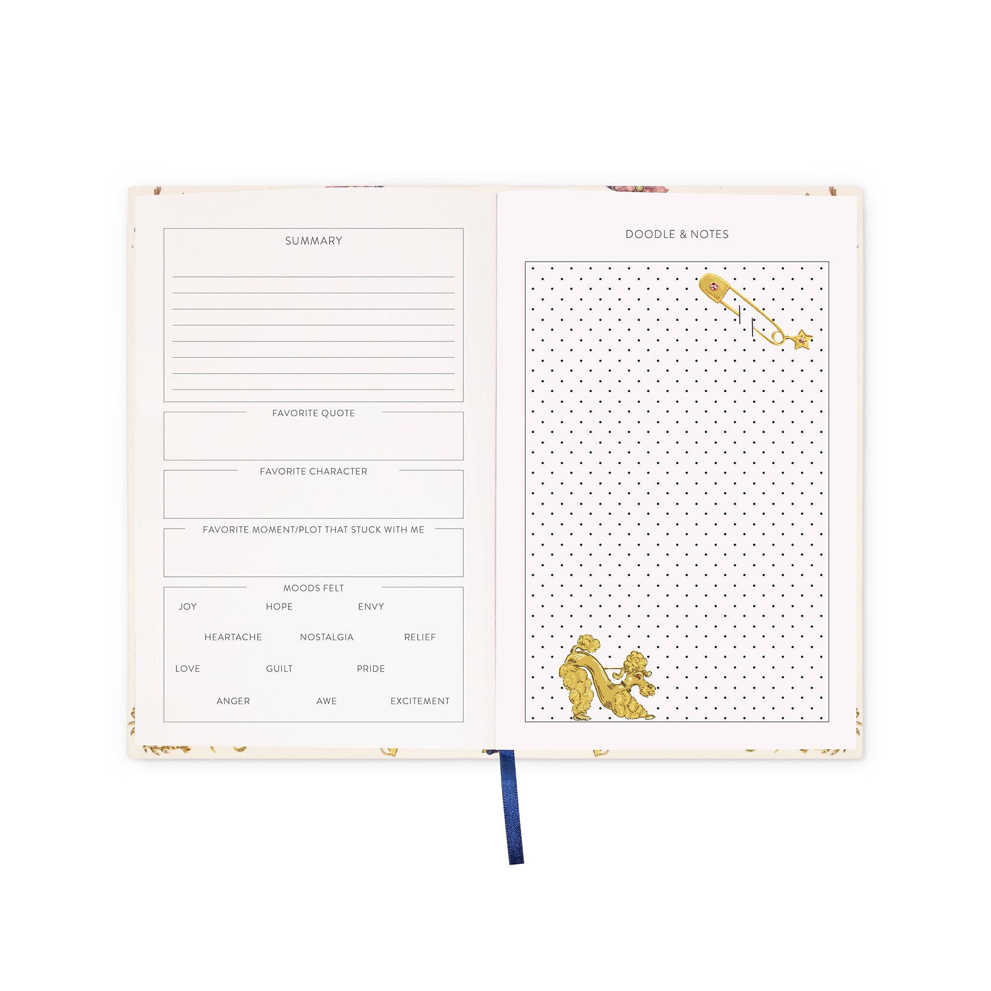 An open notebook or journal with two interior pages shown against a white background. The left page has lined writing sections labeled Summary, Favorite Quote, Favorite Character, Favorite Moment, and a mood grid with options like joy, sorrow, anger, love, and pride.
