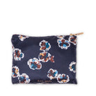 zipper pouch of navy blue shopping tote bag with dainty colorful watercolor floral print