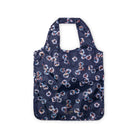 navy blue shopping tote bag with dainty colorful watercolor floral print