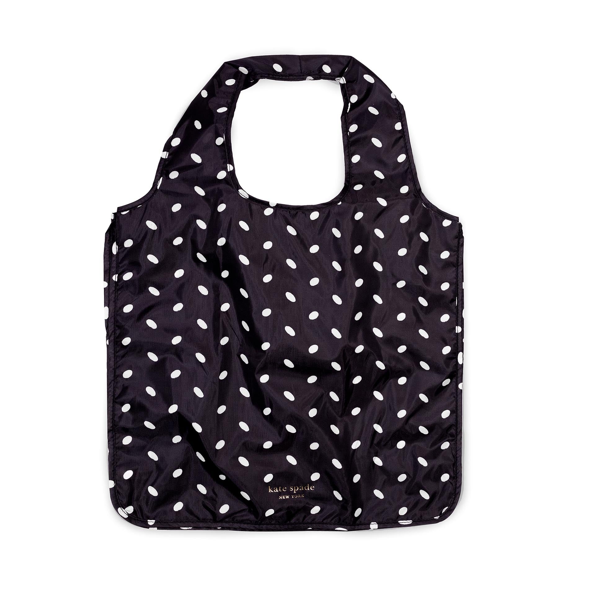 Black tote bag with white polka dots on a white background