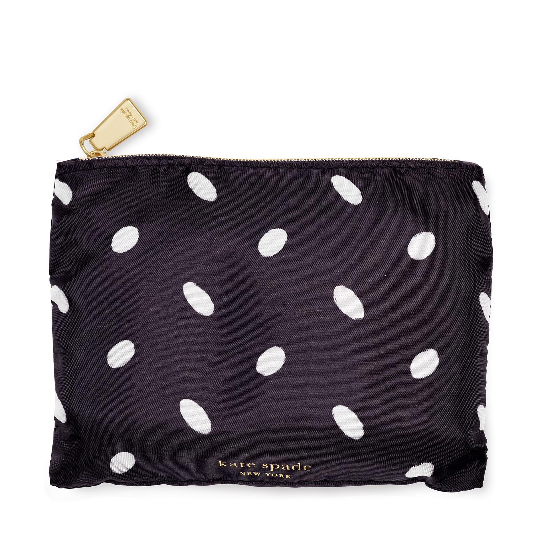 Black pouch with white polka dots and gold zipper, featuring Kate Spade branding.