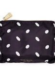 Black pouch with white polka dots and gold zipper, featuring Kate Spade branding.