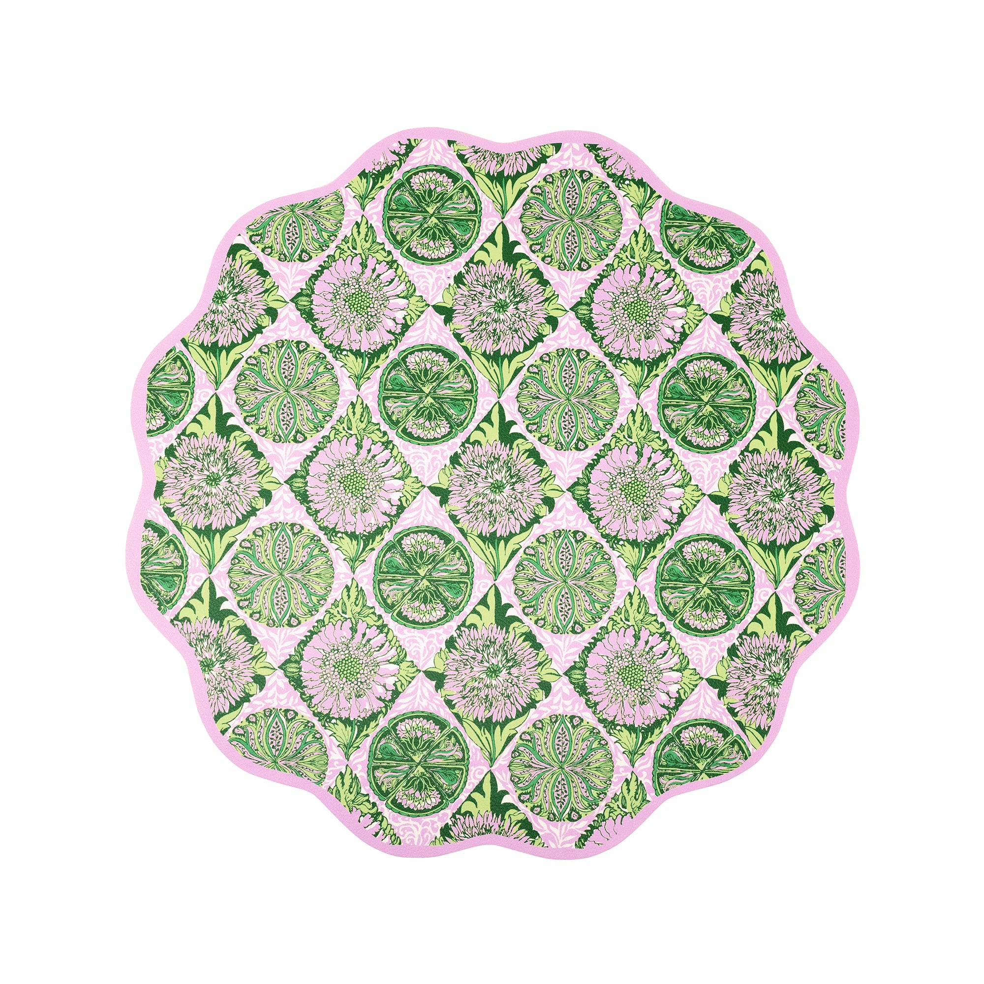A scalloped round tablecloth featuring a green and pink floral and medallion pattern, shown flat against a solid white background.