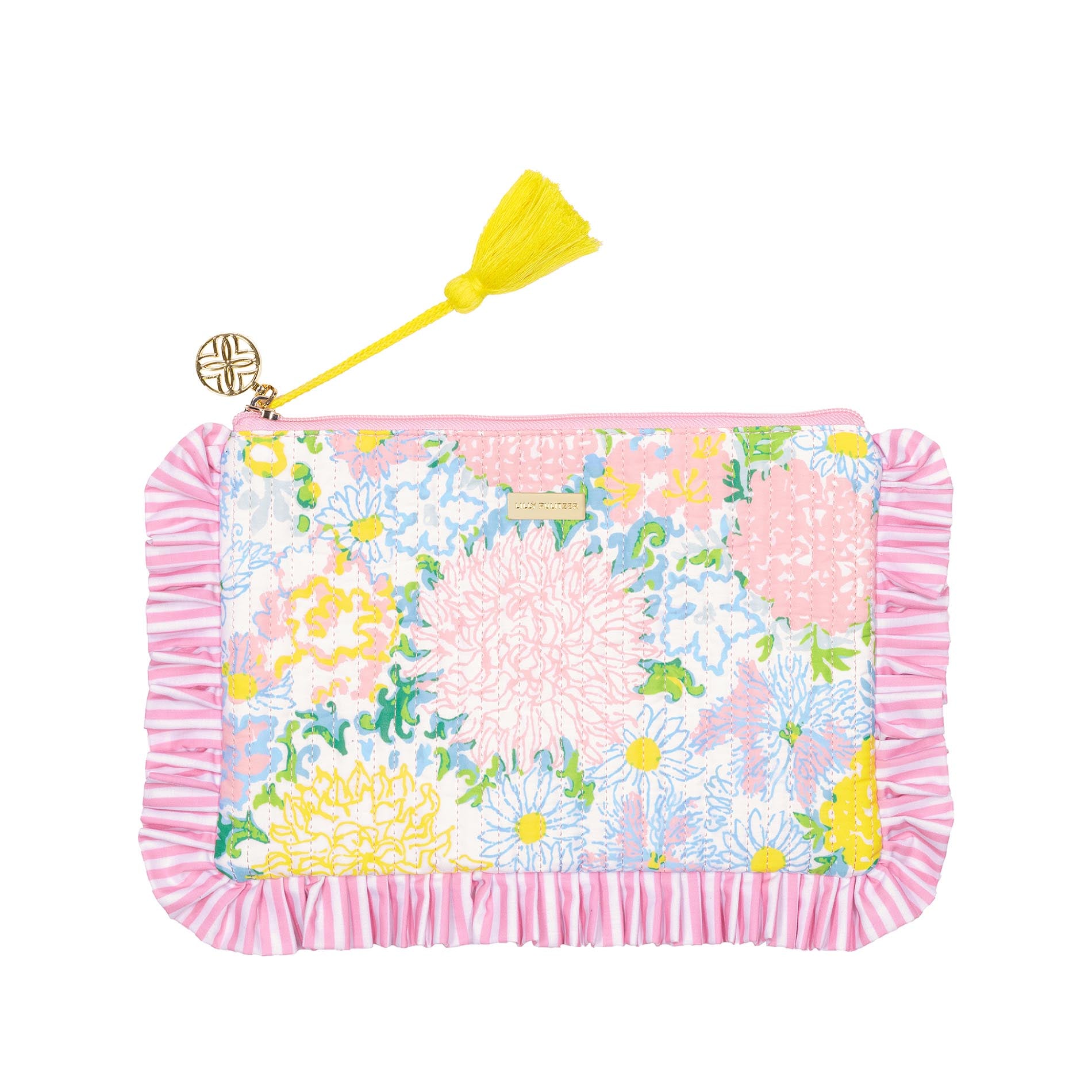 Floral pouch with ruffled edge and yellow tassel on a white background