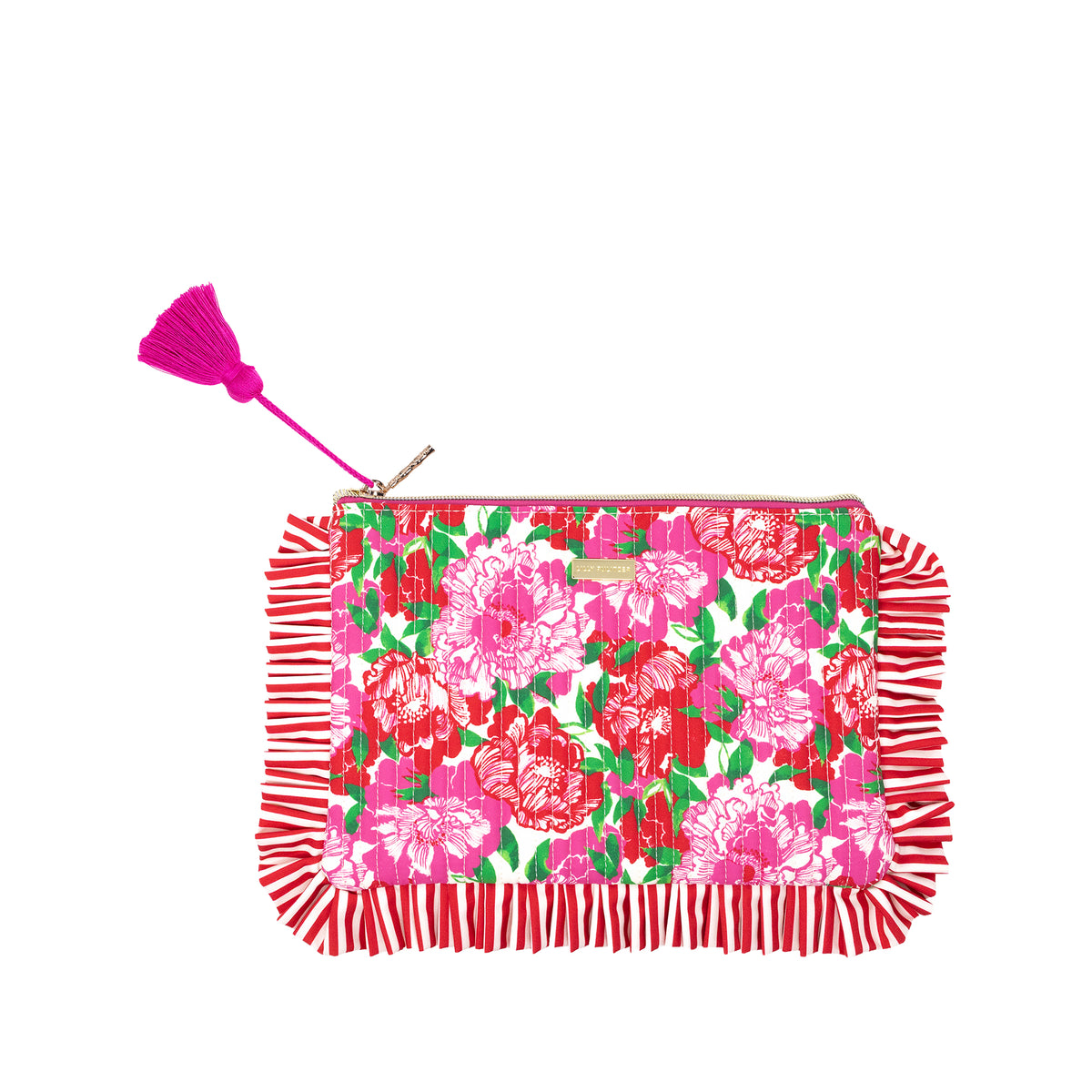 Floral pouch with red fringe and pink tassel on a white background