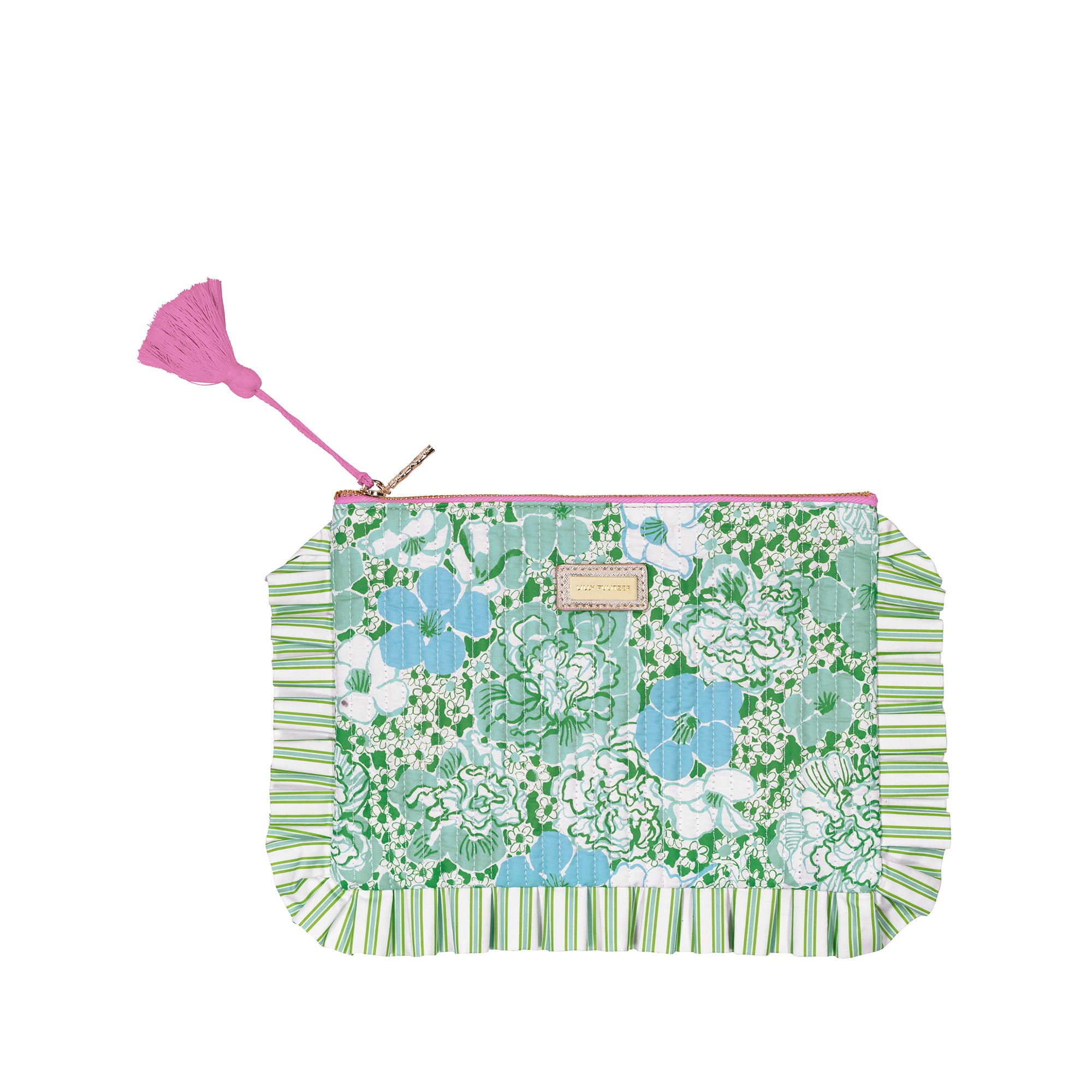 Floral patterned pouch with a pink tassel on a white background