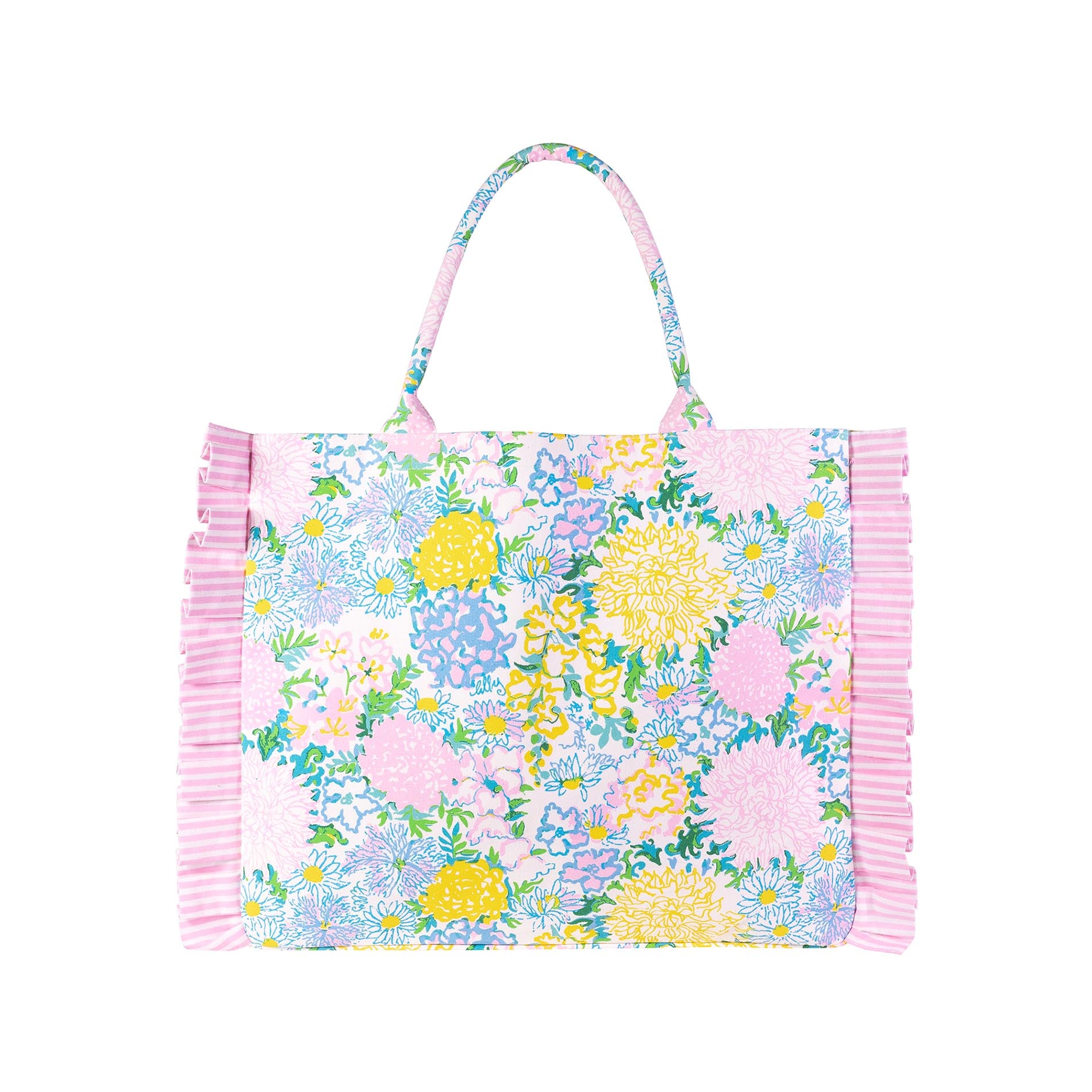 Floral patterned bag with pink ruffle trim on a white background