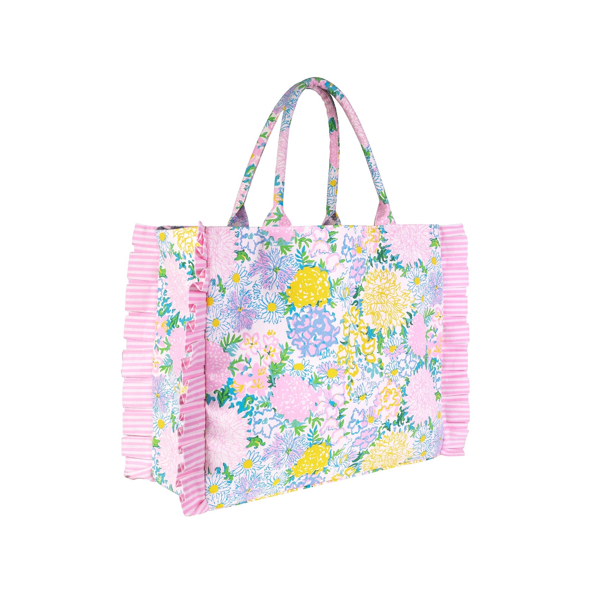 Floral tote bag with ruffled edge on a white background