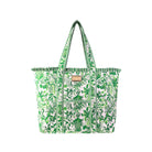 Green and white patterned tote bag on a white background