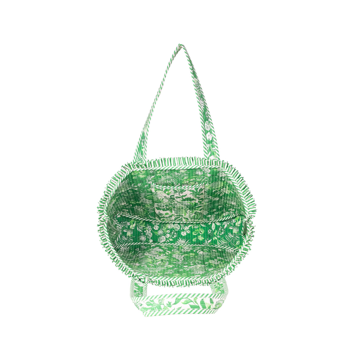 A green and white patterned woven tote bag with a matching shoulder strap, shown against a plain white background.