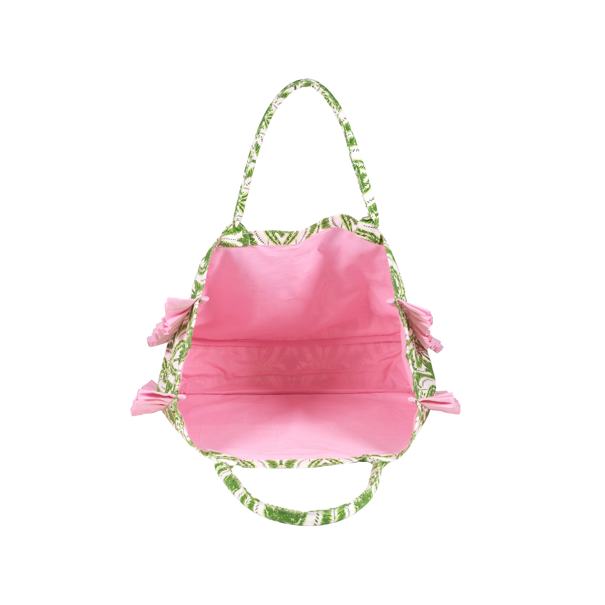 A pink fabric bag with green and white patterned trim, handles, and side bows, shown against a plain white background.