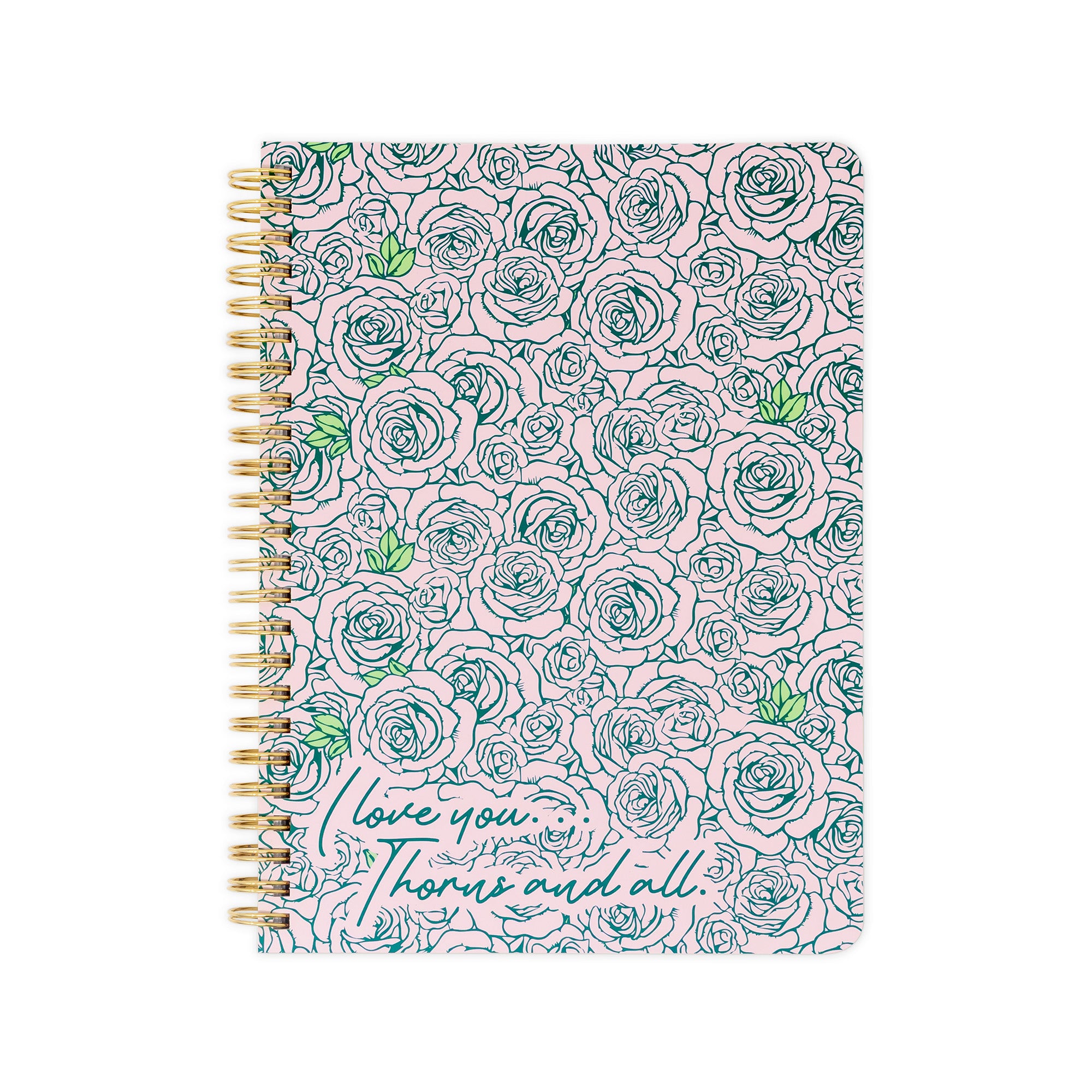 Notebook with rose pattern and 'I love you more and all' text on a white background
