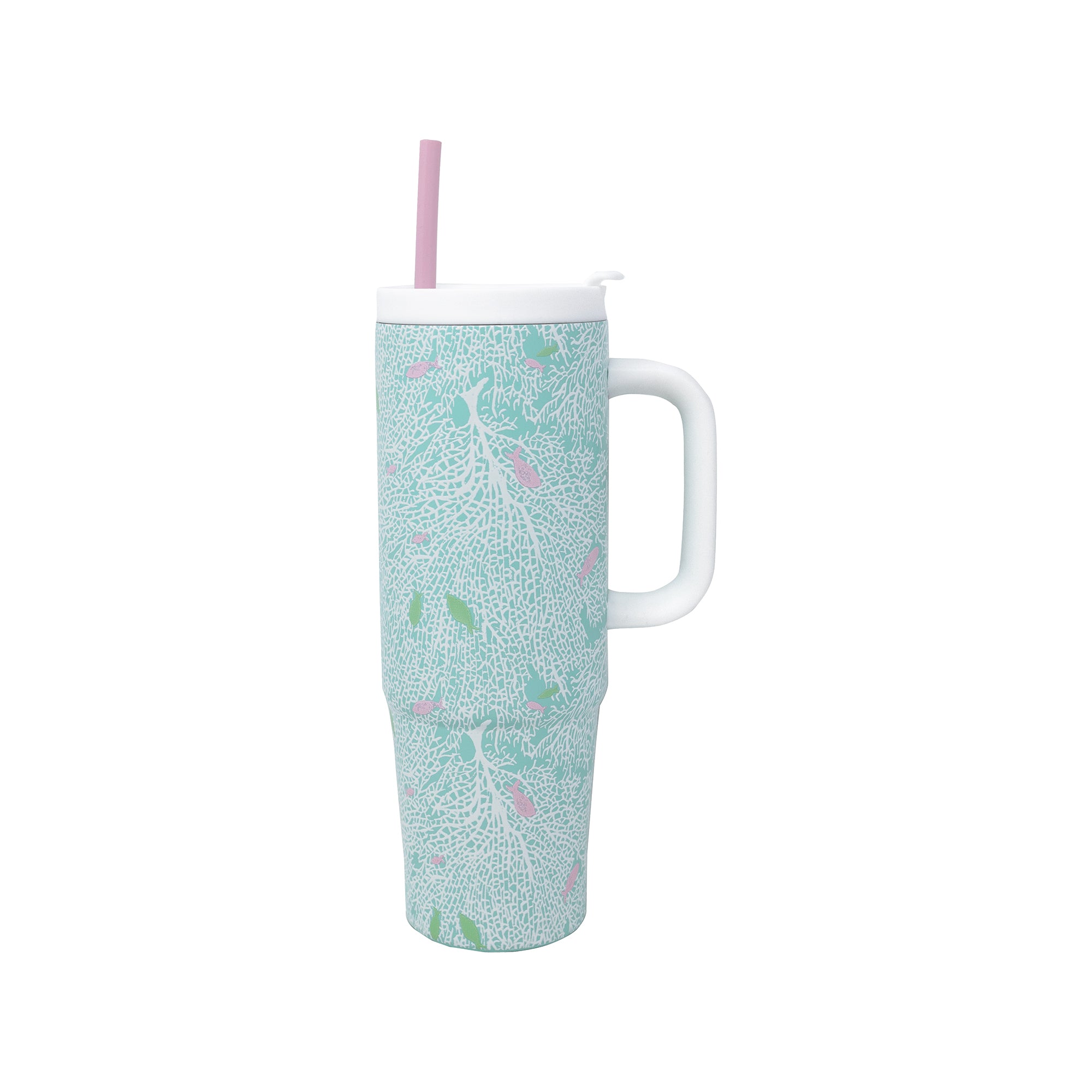 Tumbler with a floral pattern on a white background