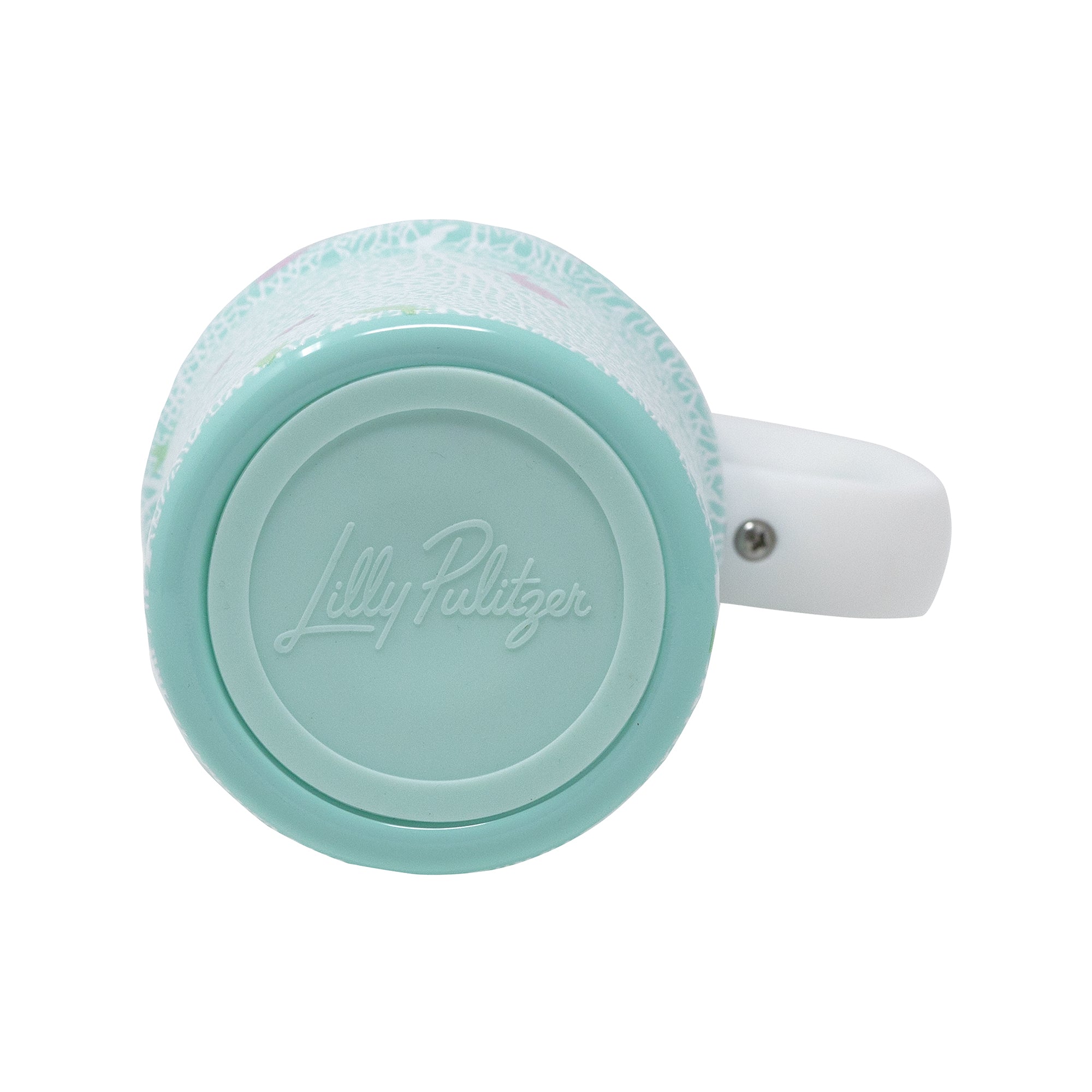 Mint green mug with a white handle on a white background