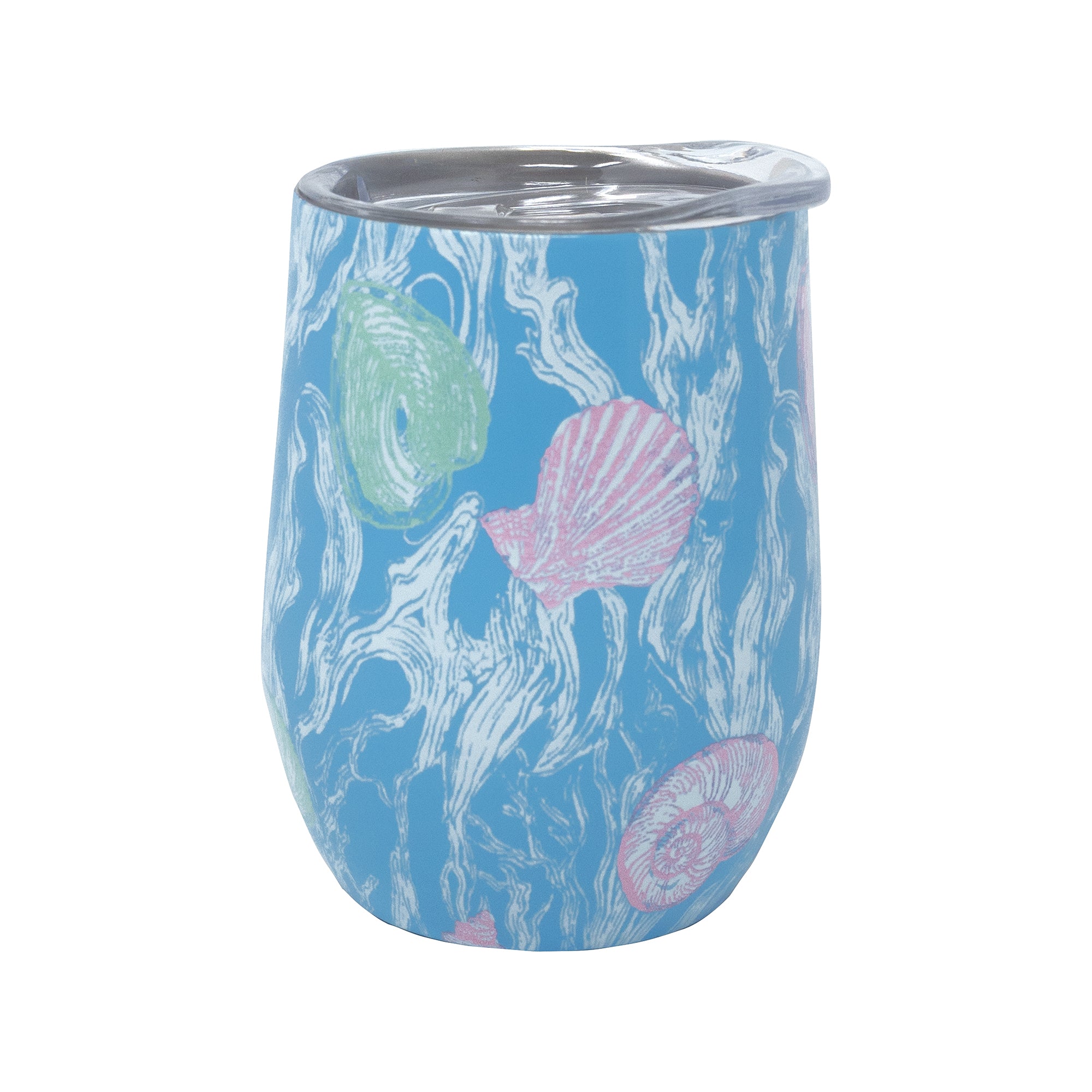 Tumbler with shell pattern on a blue background