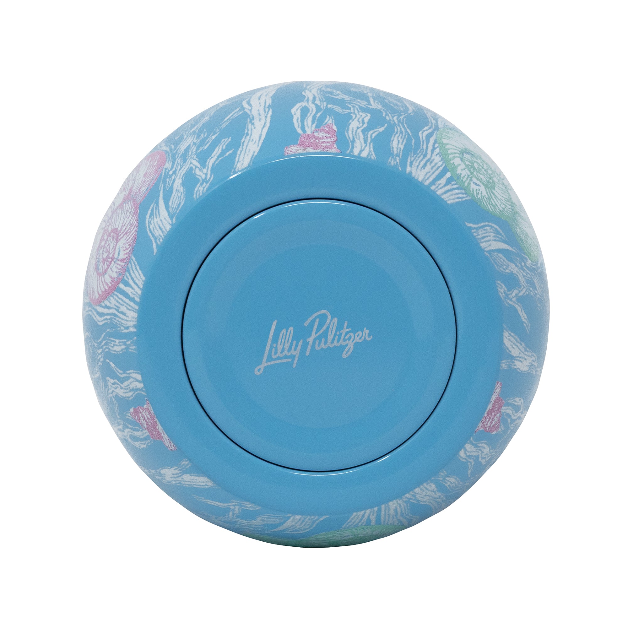 Blue container with white floral pattern and 'Lilly Pulitzer' branding on a white background