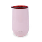 Pink tumbler with red interior on a white background, featuring 'kate spade New York' branding.