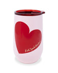 Pink tumbler with a red heart and 'kate spade New York' logo on a white background