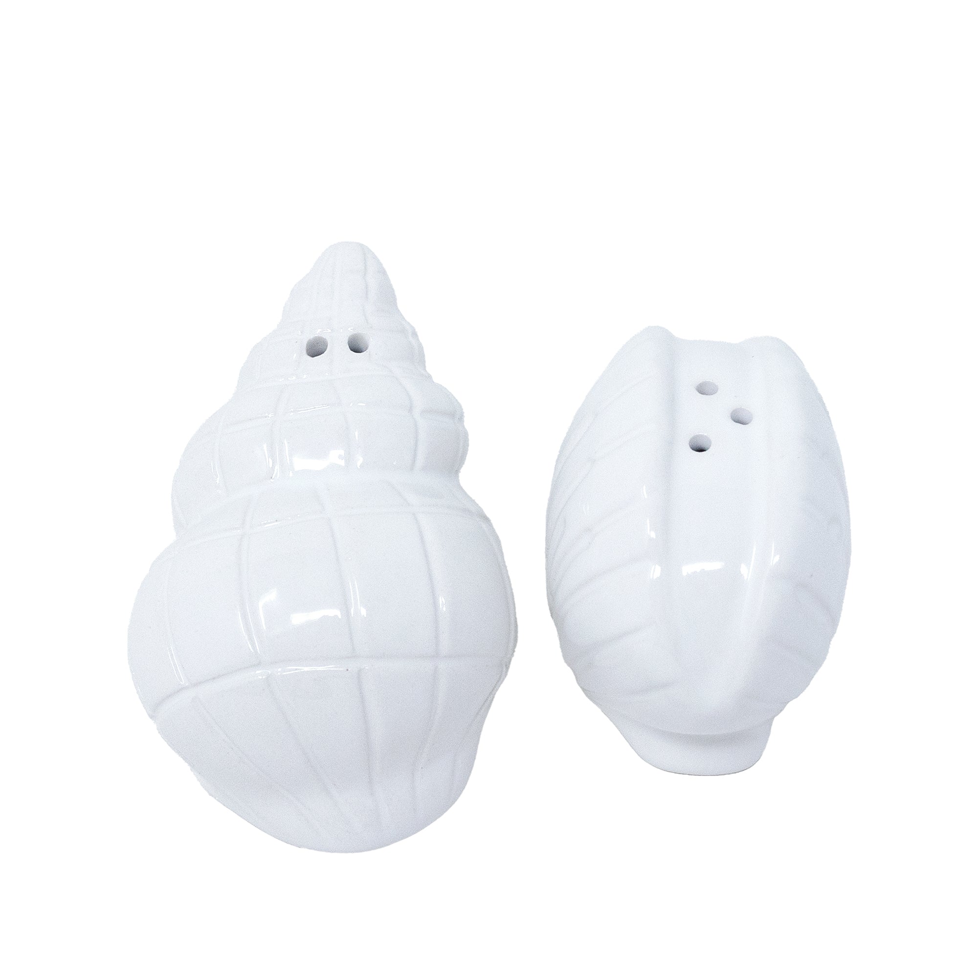 Two white shell-shaped salt and pepper shakers on a white background