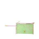 A clear zippered pouch with a light green and white vertical stripe pattern, featuring a pink wristlet strap with a gold clasp and a small gold circular logo on the front.