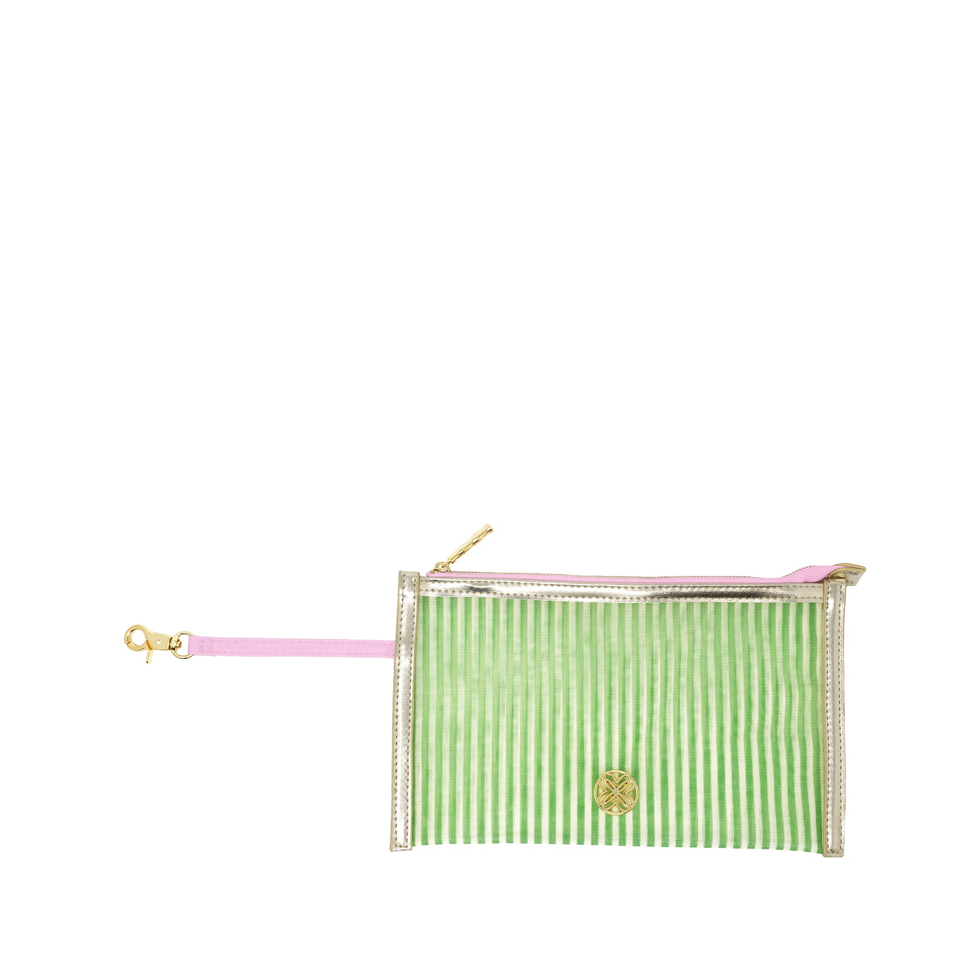 A clear zippered pouch with a light green and white vertical stripe pattern, featuring a pink wristlet strap with a gold clasp and a small gold circular logo on the front.