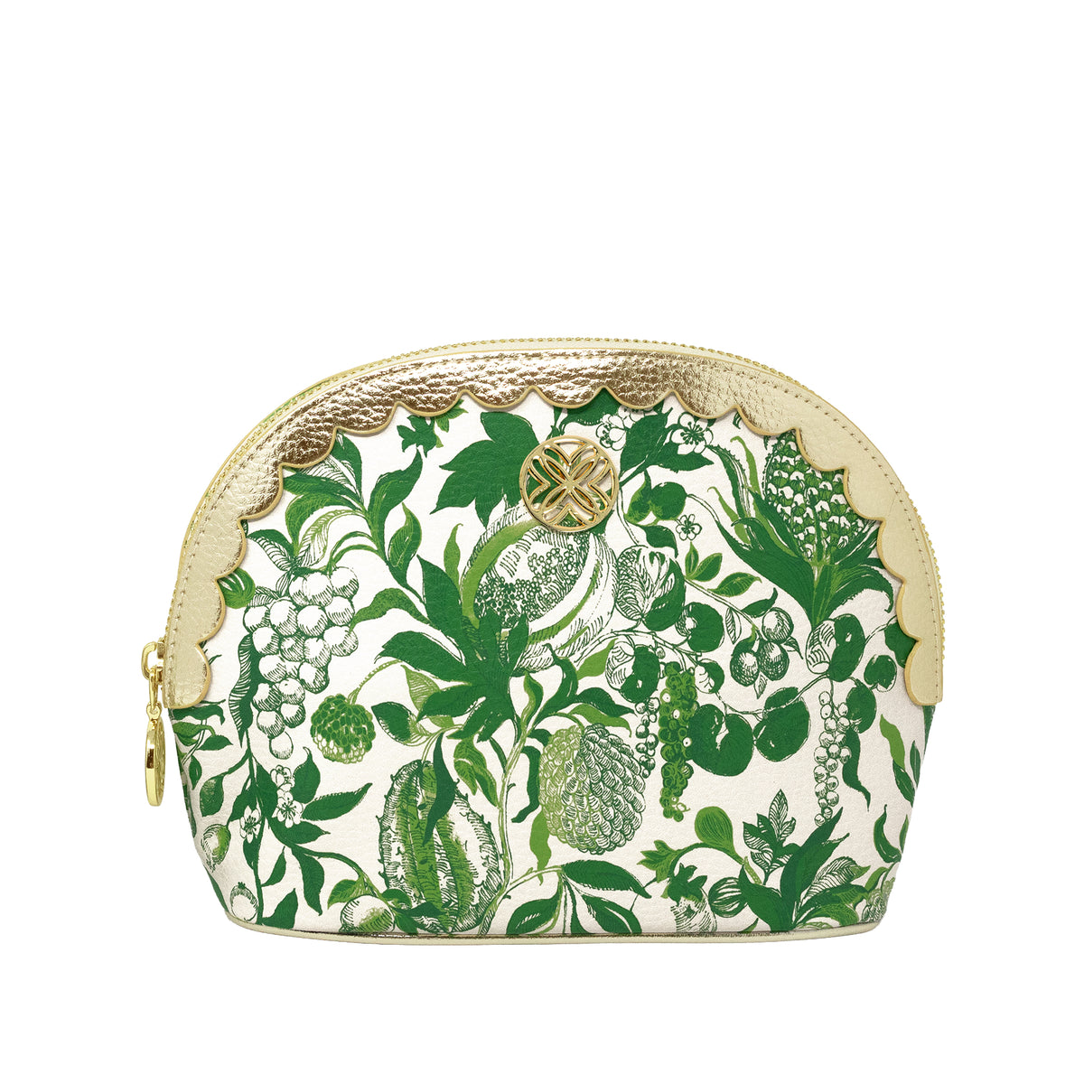 A small zippered cosmetic pouch with a scalloped gold-tone zipper and a green botanical fruit print on an off-white background, featuring a gold-tone turn-lock closure.