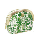 A green botanical print cosmetic pouch with a scalloped gold trim and gold zipper, shown on a plain white background.