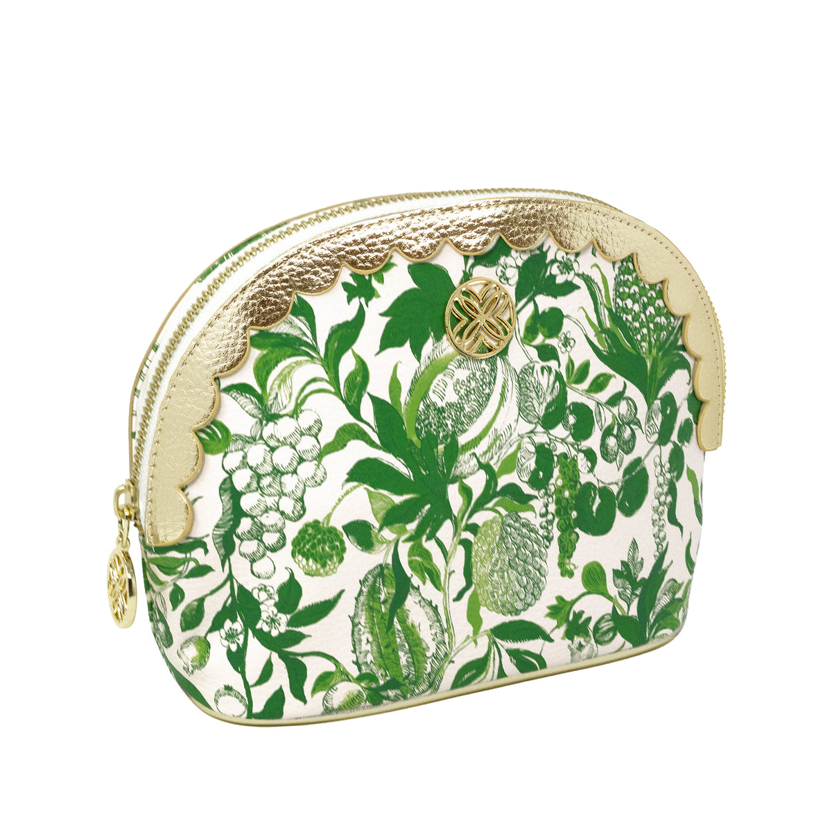 A green botanical print cosmetic pouch with a scalloped gold trim and gold zipper, shown on a plain white background.