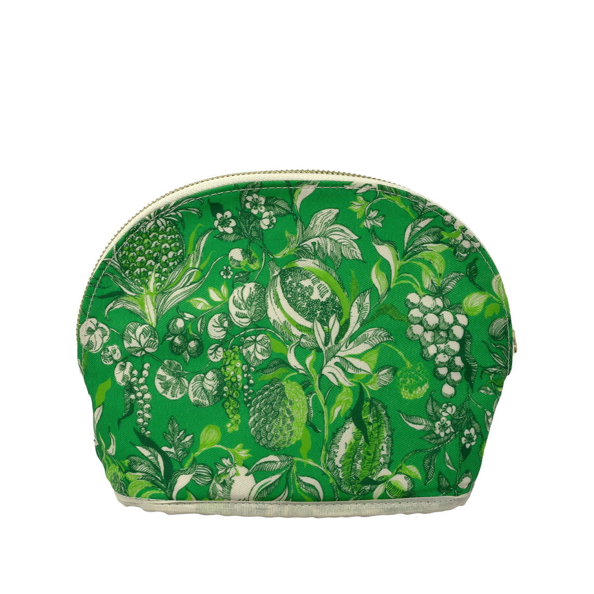 A green cosmetic pouch with a botanical fruit and leaf pattern, featuring a gold zipper and a white textured fabric trim.