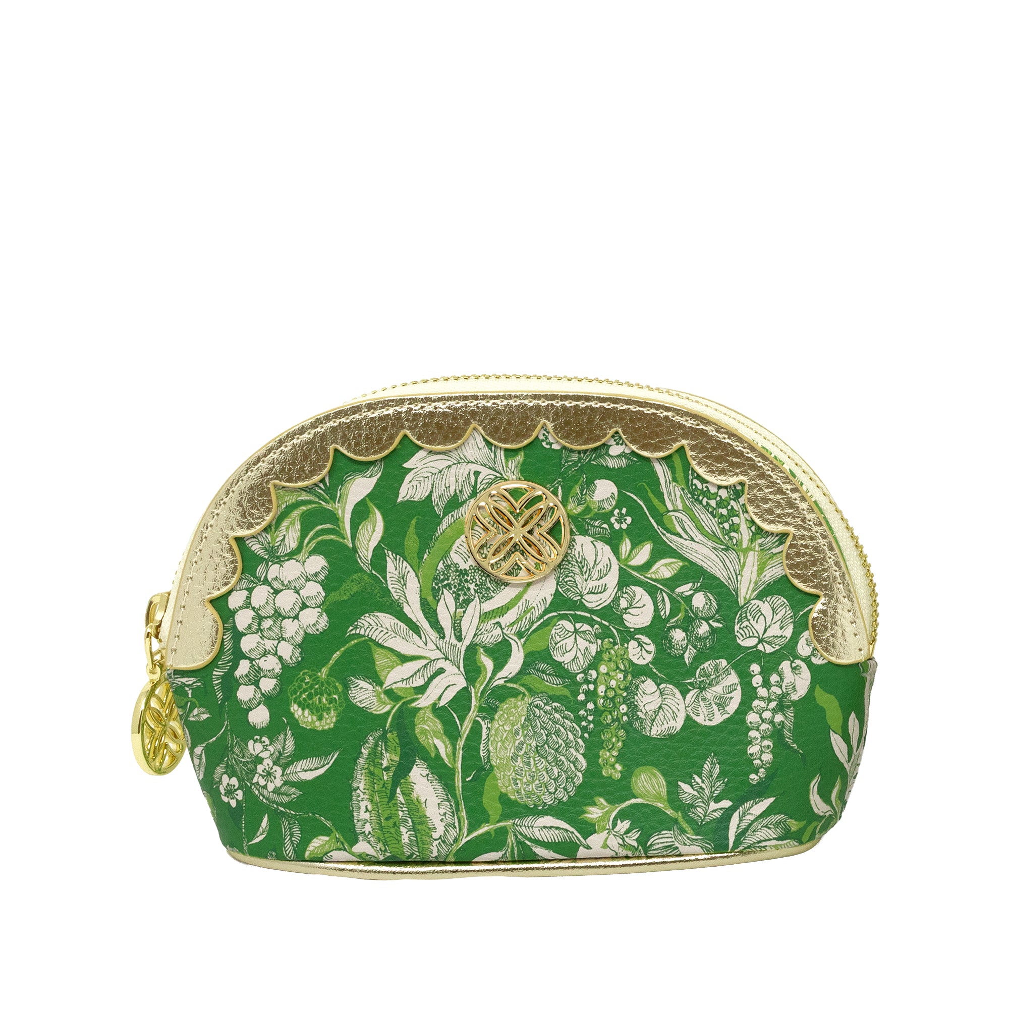 A green cosmetic pouch with a white botanical and fruit pattern, featuring gold-toned trim, a scalloped zipper edge, and a gold circular logo medallion on the front.