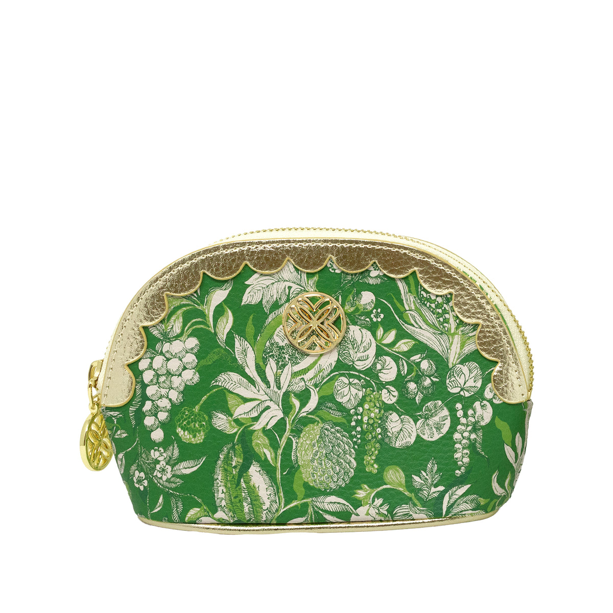 A green cosmetic pouch with a white botanical and fruit pattern, featuring gold-toned trim, a scalloped zipper edge, and a gold circular logo medallion on the front.