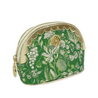 A green zippered cosmetic pouch featuring an intricate botanical and fruit pattern in white and light green, accented with gold-tone hardware, a scalloped trim, and a decorative gold clasp.