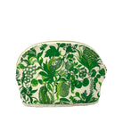 A small zippered cosmetic pouch with a green botanical and fruit pattern on a cream background, shown against a plain white studio background.