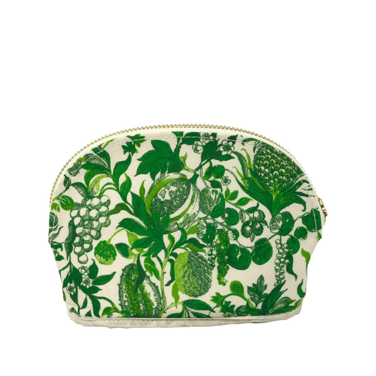 A small zippered cosmetic pouch with a green botanical and fruit pattern on a cream background, shown against a plain white studio background.