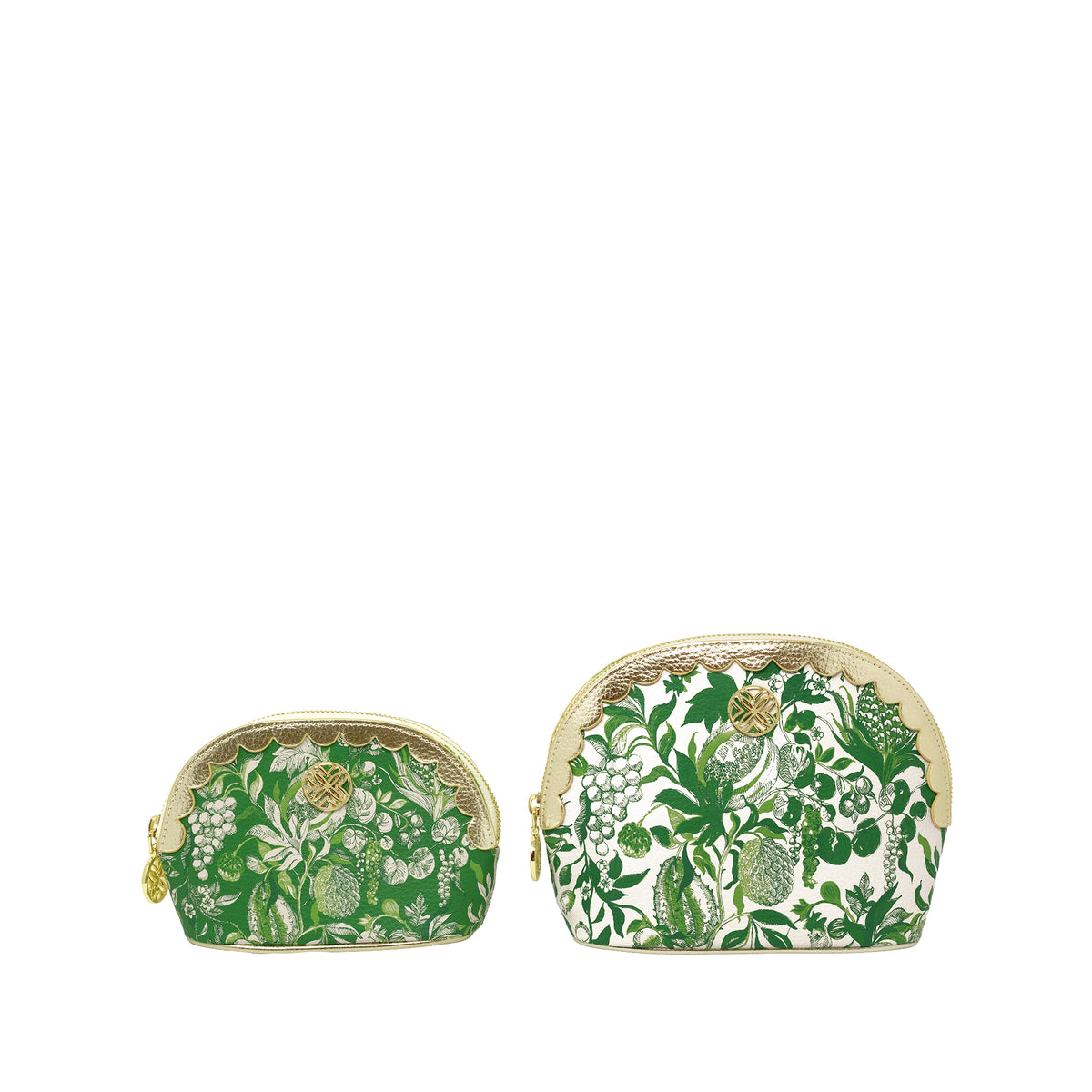 Two zippered pouches with ornate botanical patterns, one green and one white with green and gold detailing, shown on a plain white background.