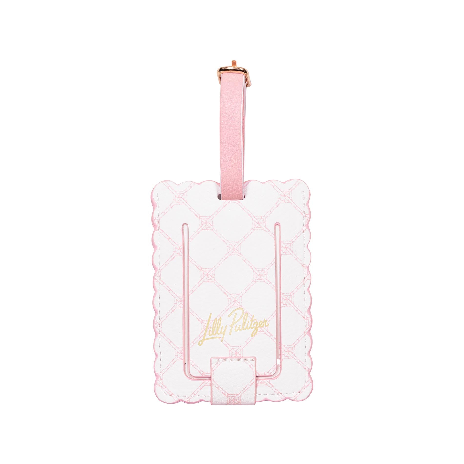 Pink luggage tag with scalloped edge design on a white background