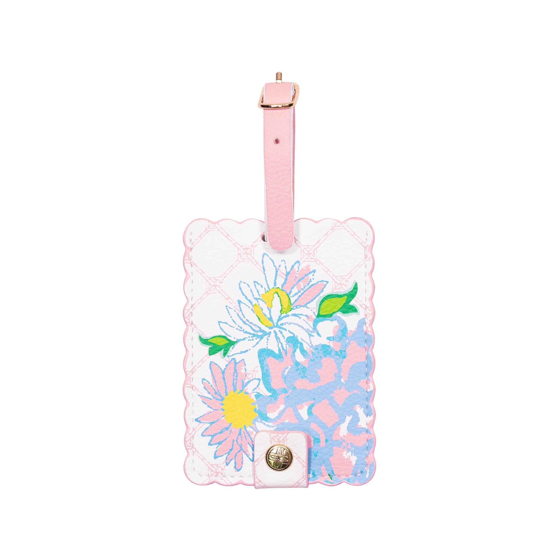 Floral design luggage tag with pink strap on a white background