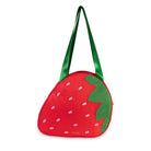 Strawberry-shaped cooler with green handle on a white background