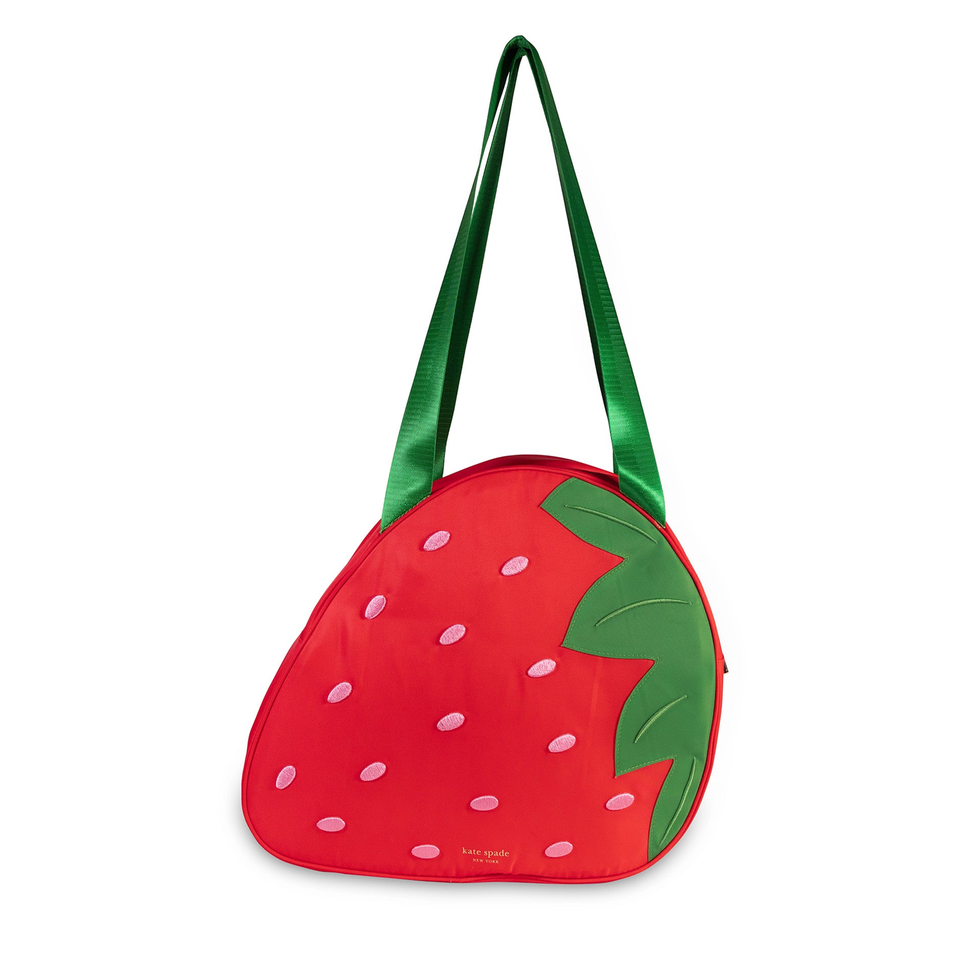 Strawberry-shaped cooler with green handle on a white background