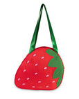 Strawberry-shaped cooler with green handle on a white background