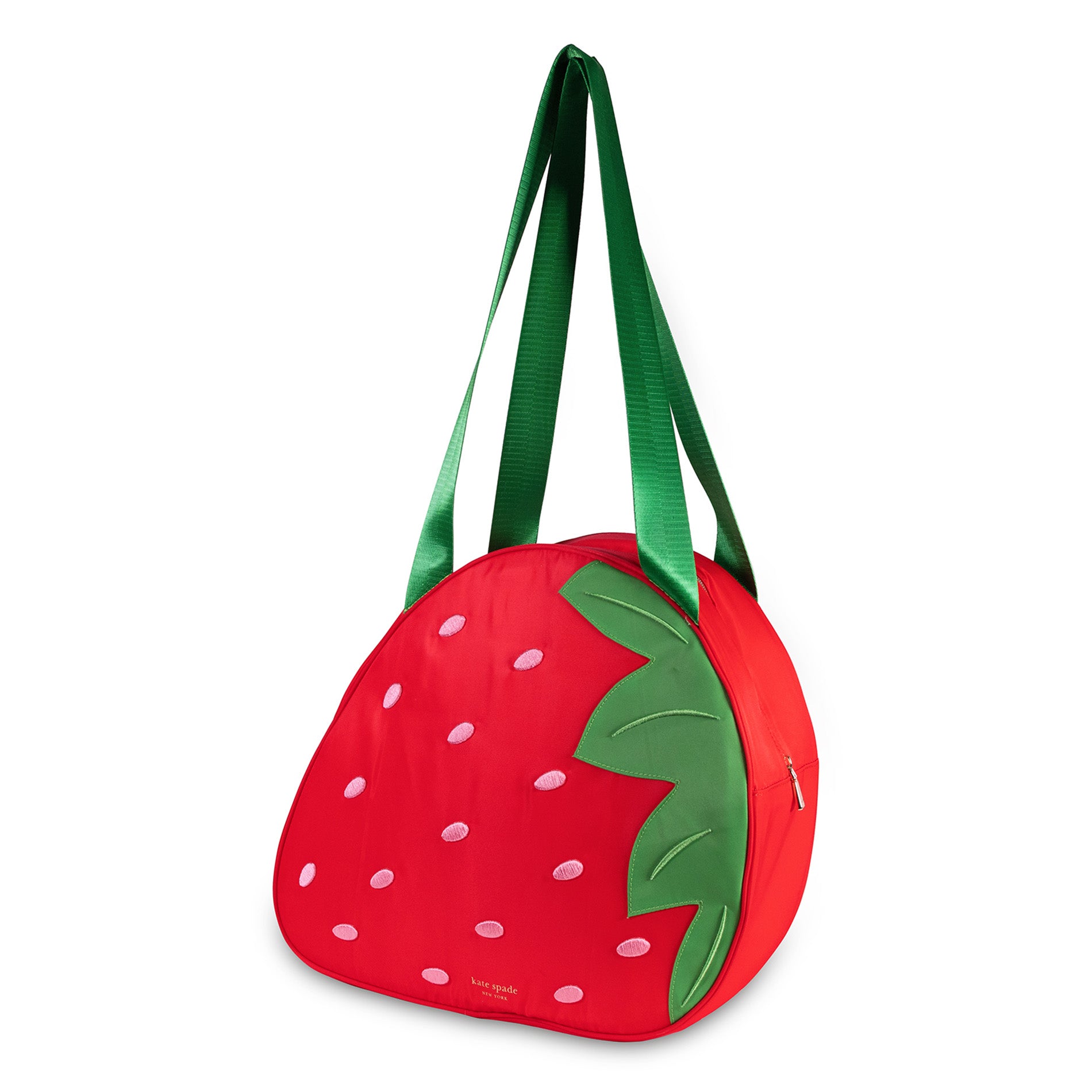 Strawberry-shaped cooler with green handle on a white background