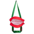 Red cooler with green strap on a white background