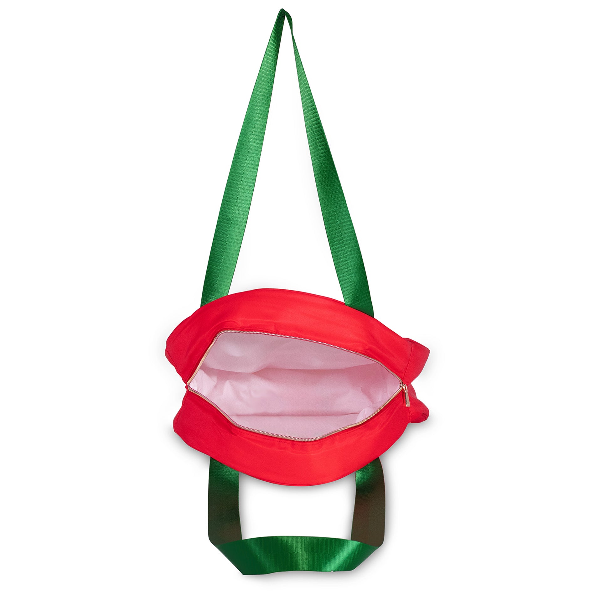 Red cooler with green strap on a white background